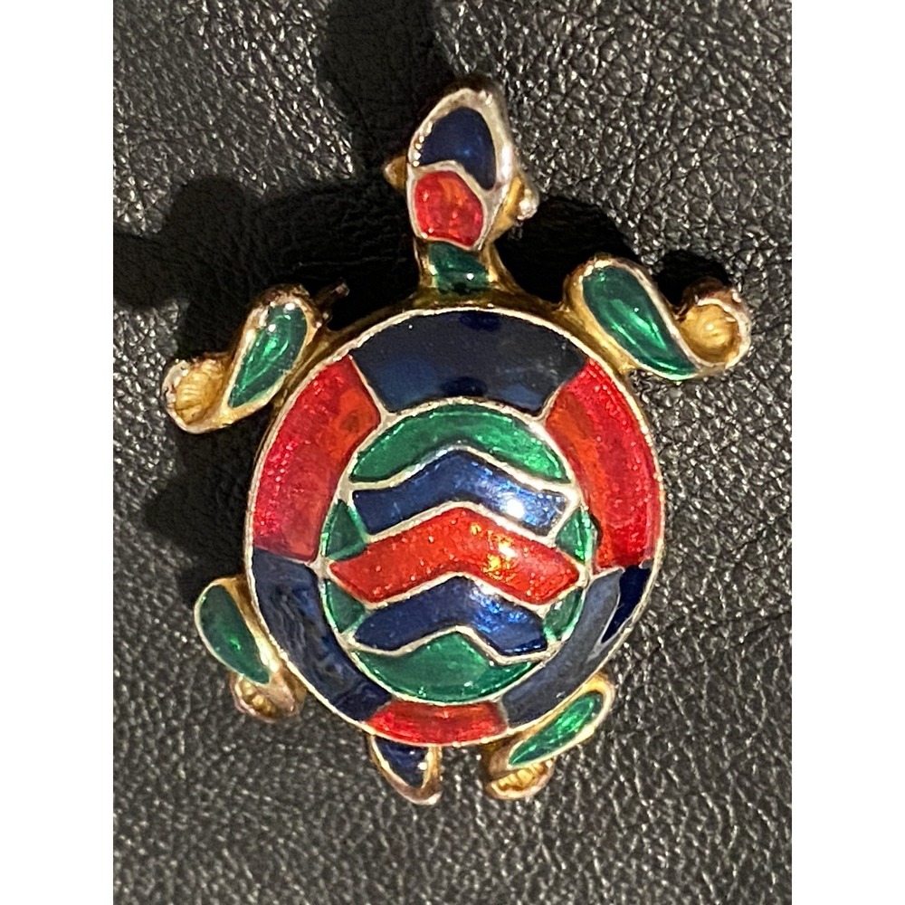 VNTG RED,BLUE & GREEN ENAMELED TURTLE PENDANT & BROOCH GOOD LUCK CHARM FENG SHUI